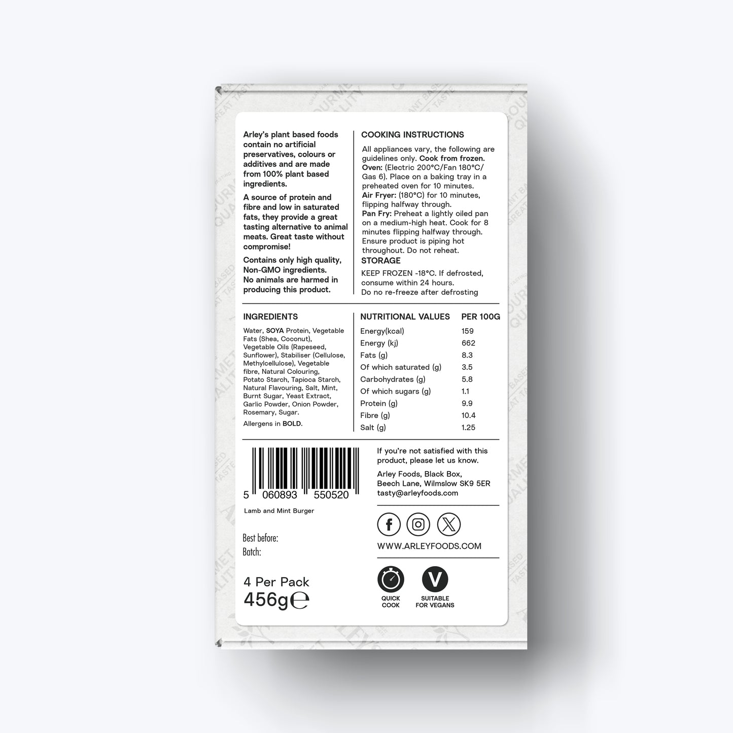 Arley's Plant Based Lamb & Mint Burger 4 x 114g